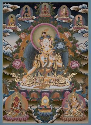 Divine White Tara Thangka with Five Buddhas, Amitayus & Namgyalma | Female Bodhisattva | Tibetan Wall Hanging